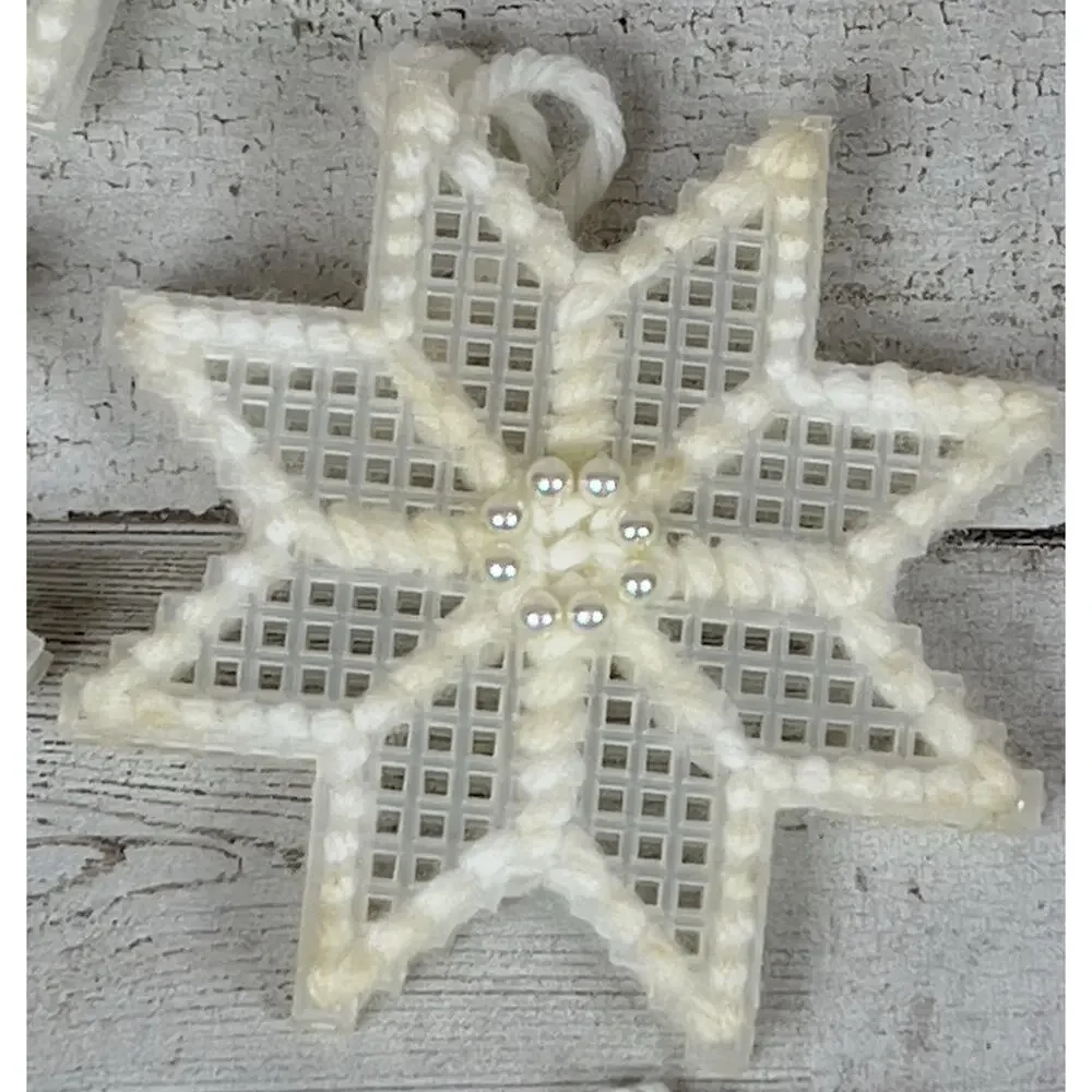 Vtg Handmade Christmas Ornaments Lot 14 Plastic Canvas Snowflakes Stars Bears